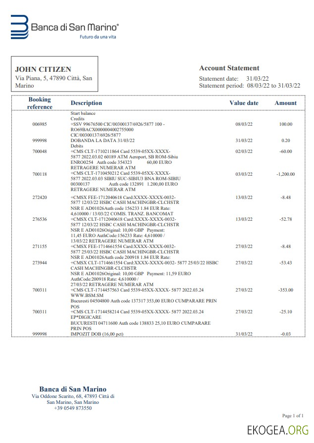 Relevé bancaire de Saint Marin Banca di San Marino